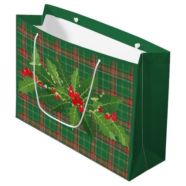 Christmas Green red Plaid With Wreath Large Gift Bag (Front Angled)