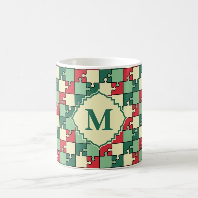 Christmas Green Red Puzzle Piece Monogram Coffee Mug (Center)
