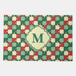 Christmas Green Red Puzzle Piece Monogram Doormat