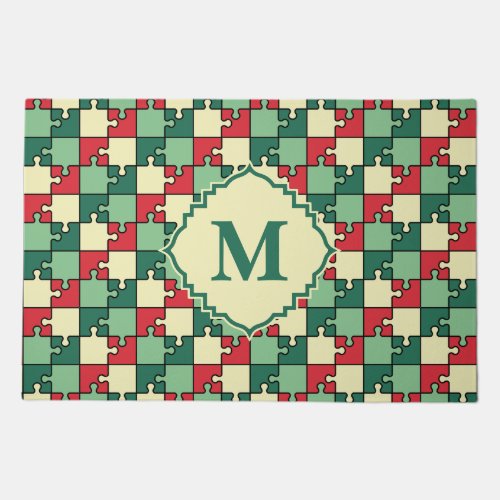 Christmas Green Red Puzzle Piece Monogram Doormat