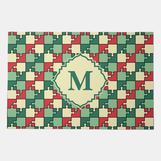 Christmas Green Red Puzzle Piece Monogram Doormat (Front)