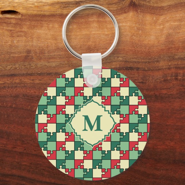 Christmas Green Red Puzzle Piece Monogram Keychain (Front)