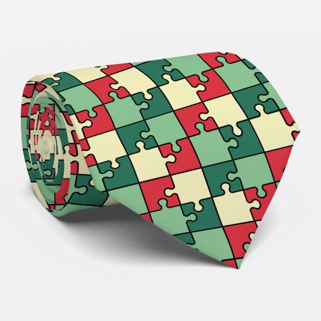 Christmas Green Red Puzzle Piece Monogram  Neck Tie (Rolled)