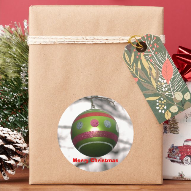 Christmas Green Red Striped Ornament Classic Round Sticker (Holiday)
