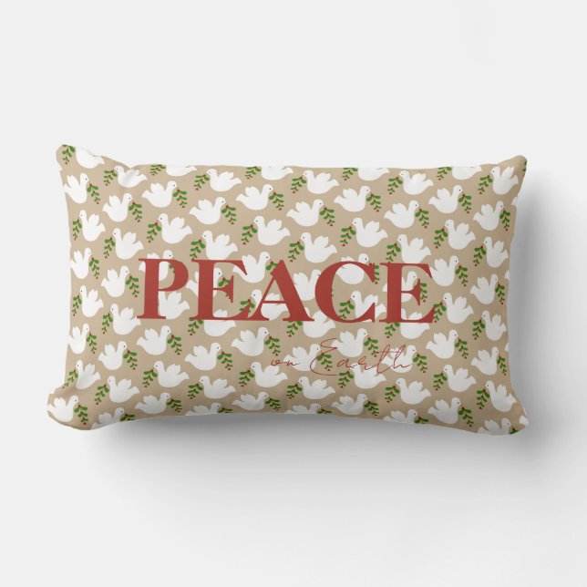 Christmas Green Red White Dove PEACE on Earth Lumbar Pillow (Front)