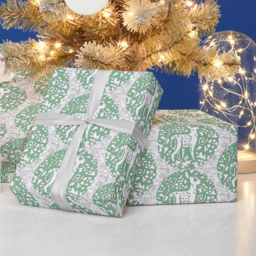 Christmas Green Reindeer Pattern Woodland Winter Wrapping Paper