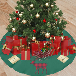Christmas green reindeer red plaid business logo brushed polyester tree skirt