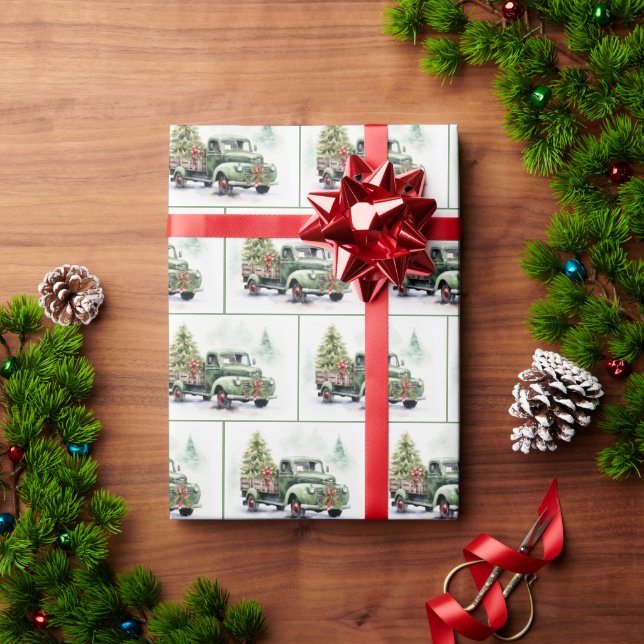Christmas Green Retro Truck With Tree Wrapping Paper (Holiday Gift)