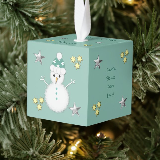 Christmas green Santa please stop here Snowman Cube Ornament (Tree)