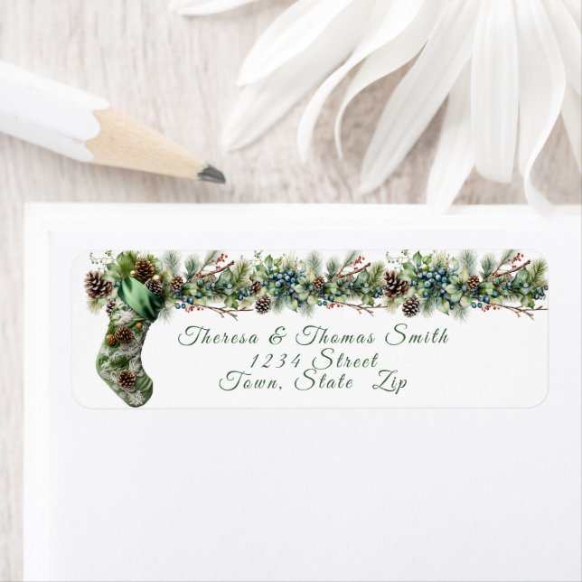 Christmas Green Satin Stocking Pinecones Berries Label (Insitu)