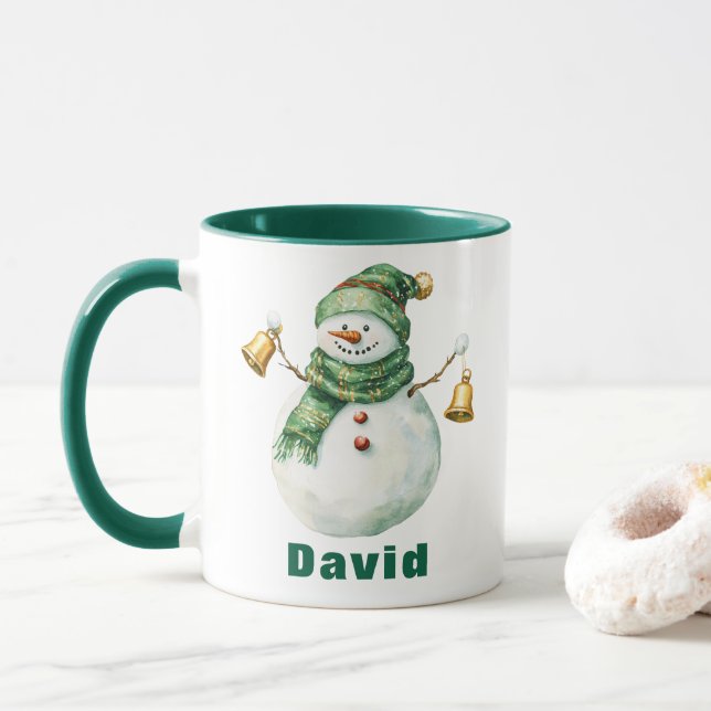 Christmas Green Scarf Snowman with Bells Mug (With Donut)