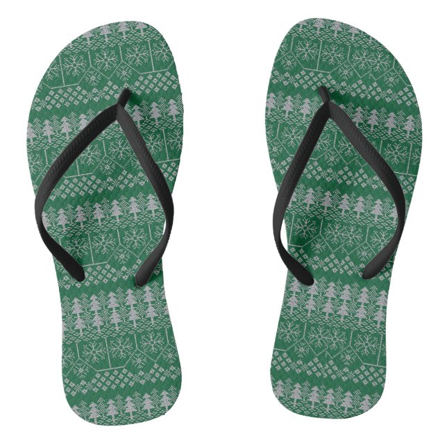 Christmas Green Silver Gray Holidays Elegant Flip Flops (Footbed)