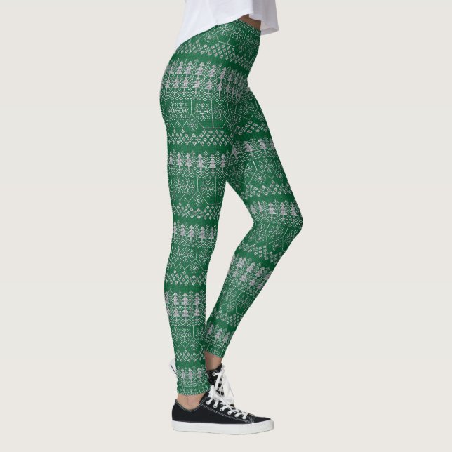 Christmas Green Silver Gray Holidays Modern Leggings (Right)