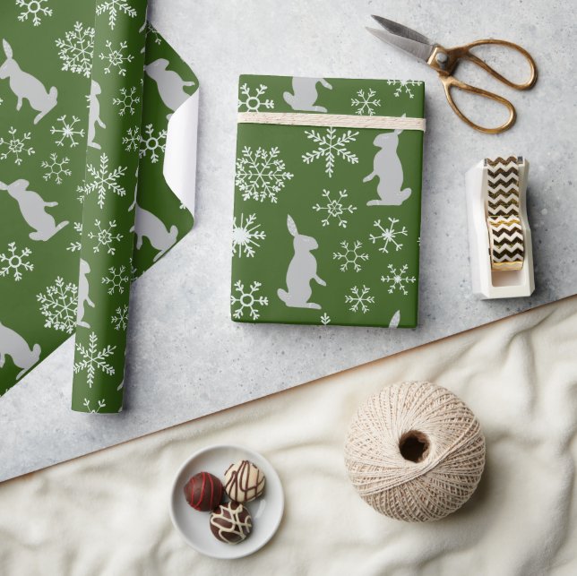 Christmas Green Snowflakes and Bunnies Wrapping Paper (Crafts)