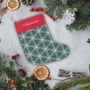 Christmas Green Snowflakes Pattern Personalized Large Christmas Stocking