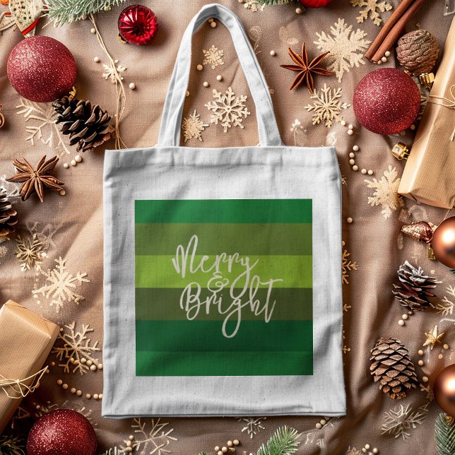 Christmas Green Stripes Merry and Bright Holiday Tote Bag (Creator Uploaded)