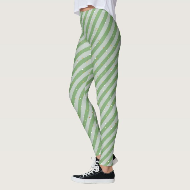 Christmas Green Stripes & Snow Seamless Pattern Leggings (Left)