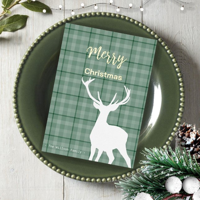 Christmas Green Tartan And Deer Foil Holiday Card (Creator Uploaded)