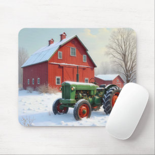 Christmas Green Tractor By a Red Barn Mouse Pad