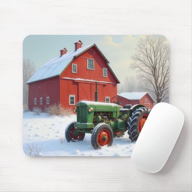 Christmas Green Tractor By a Red Barn Mouse Pad (With Mouse)