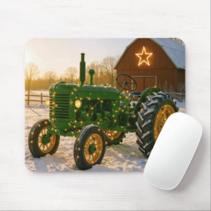 Christmas Green Tractor With Glowing Lights Mouse Pad