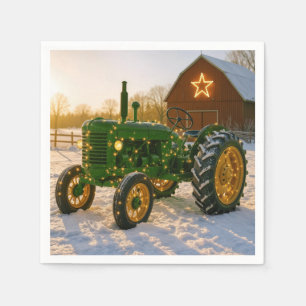 Christmas Green Tractor With Glowing Lights Napkins