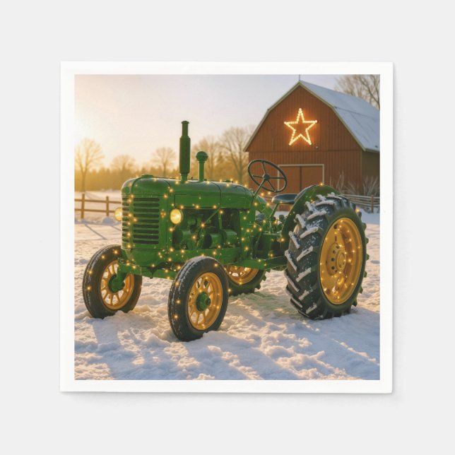 Christmas Green Tractor With Glowing Lights Napkins (Front)