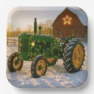 Christmas Green Tractor With Glowing Lights Paper Plates