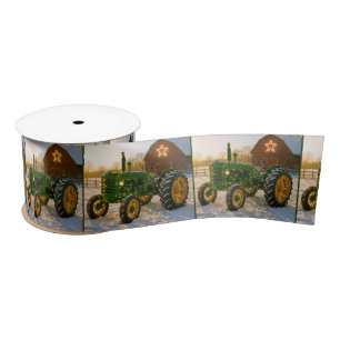 Christmas Green Tractor With Glowing Lights Satin Ribbon