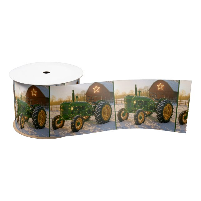 Christmas Green Tractor With Glowing Lights Satin Ribbon (Spool)