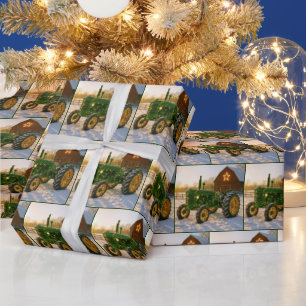 Christmas Green Tractor With Glowing Lights Wrapping Paper