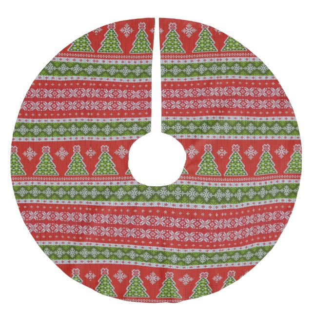 Christmas Green Trees Red White Pattern Holidays Brushed Polyester Tree Skirt (Front)