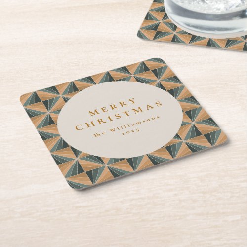 Christmas Green Vintage Art Deco Custom Holiday Square Paper Coaster