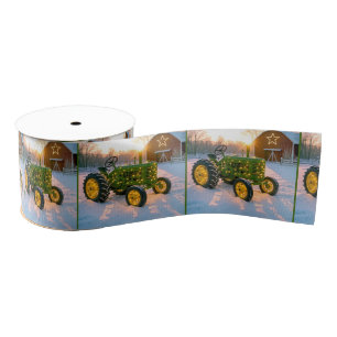 Christmas Green Vintage Tractor With Red Barn Grosgrain Ribbon