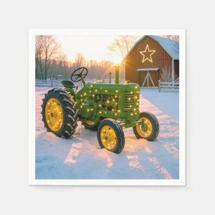 Christmas Green Vintage Tractor With Red Barn Napkins