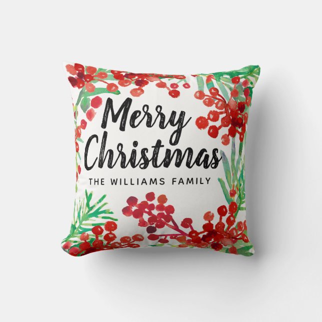 Christmas Green Watercolor Holly Red Berries Throw Pillow (Front)