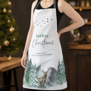 Christmas Green Watercolor Pine Forest Holiday Apron
