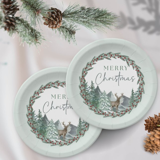 Christmas Green Watercolor Pine Forest Holiday Paper Plates (Creator Uploaded)