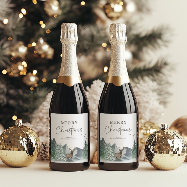 Christmas Green Watercolor Pine Forest Holiday Wine Label (Creator Uploaded)