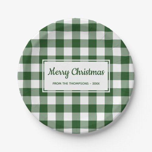 Christmas Green White Buffalo Check With Your Name Paper Plates