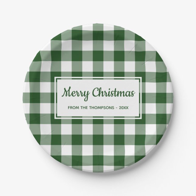 Christmas Green White Buffalo Check With Your Name Paper Plates (Front)