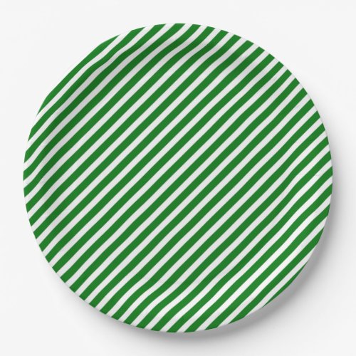 Christmas Green  White Diagonal Candy Cane Stripe Paper Plates