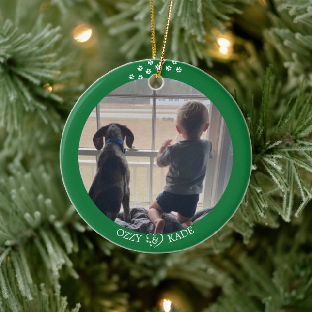 Christmas Green White Personalized Child Pet Photo Ceramic Ornament (Tree)