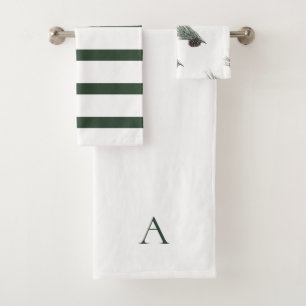 Christmas Green & White Personalized Monogram Pine Bath Towel Set