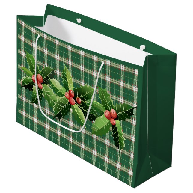 Christmas Green White Plaid Large Gift Bag (Front Angled)