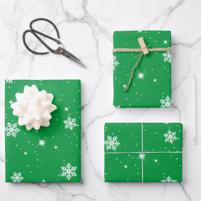 Christmas Green White Stars Snowflakes Pattern Wrapping Paper Sheets (Front)