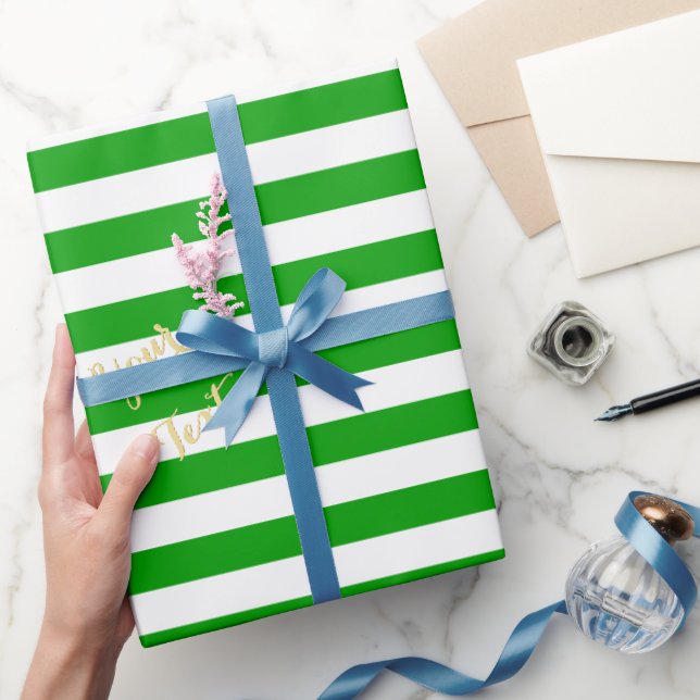 Christmas Green White Stripes Gold Text Holiday Wrapping Paper (Gifting)
