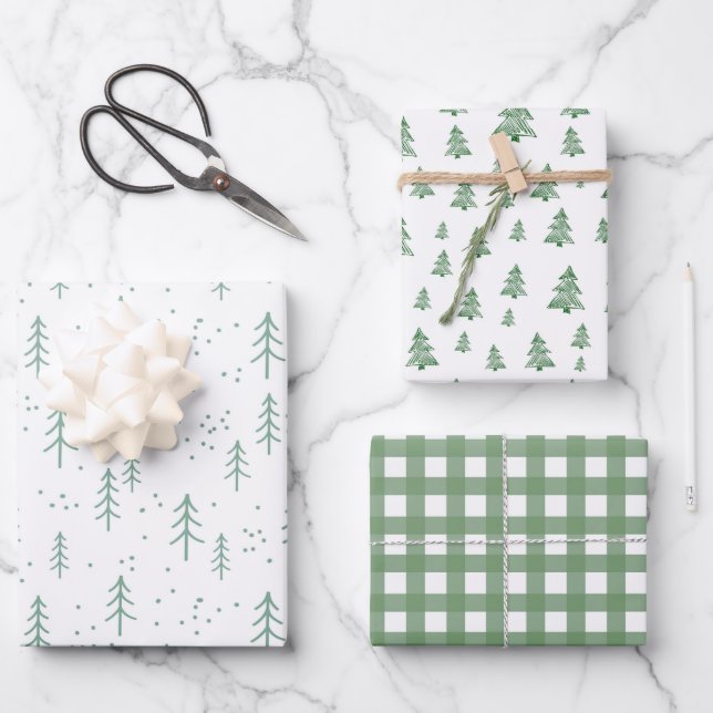 Christmas Green White Wrapping Paper Set of 3 (Front)