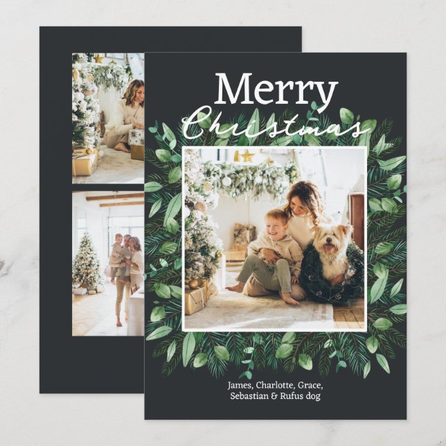Christmas Green Winter Foliage Photo Frame Holiday Card (Front/Back)