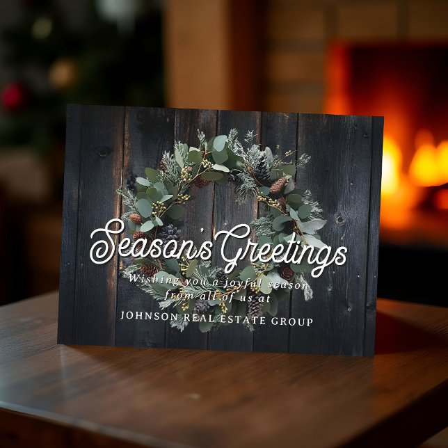 Christmas Green Wreath and Wood Season's Greetings Postcard (Creator Uploaded)